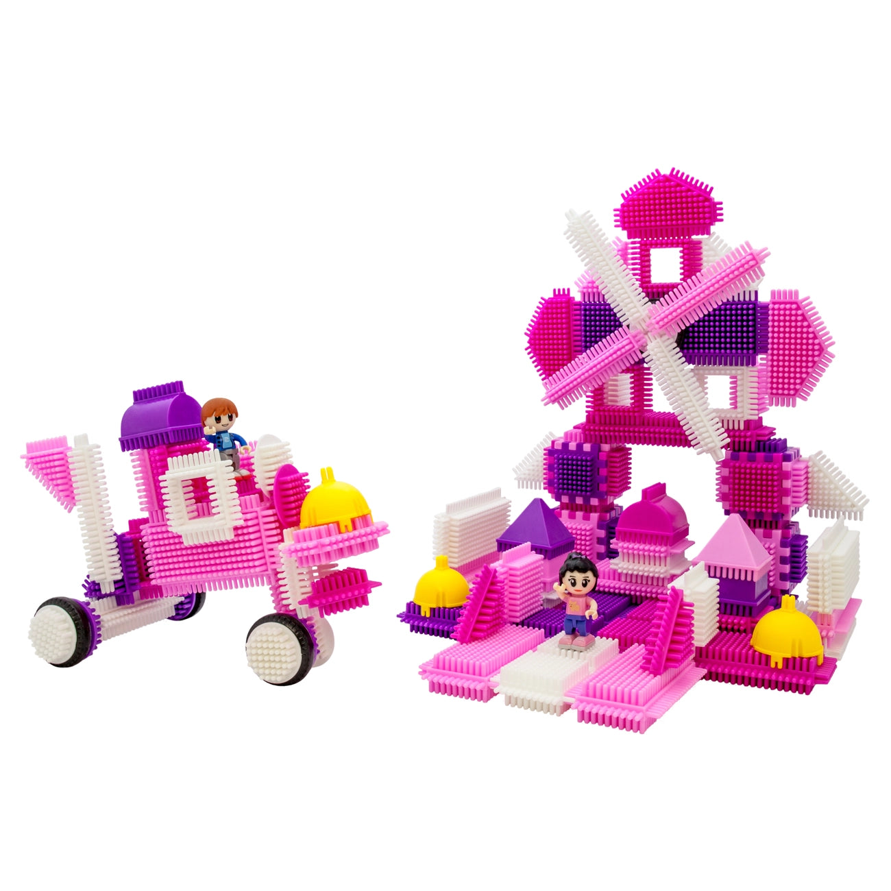 PicassoTiles 106 Piece Pink Castle Themed Bristle Blocks Set