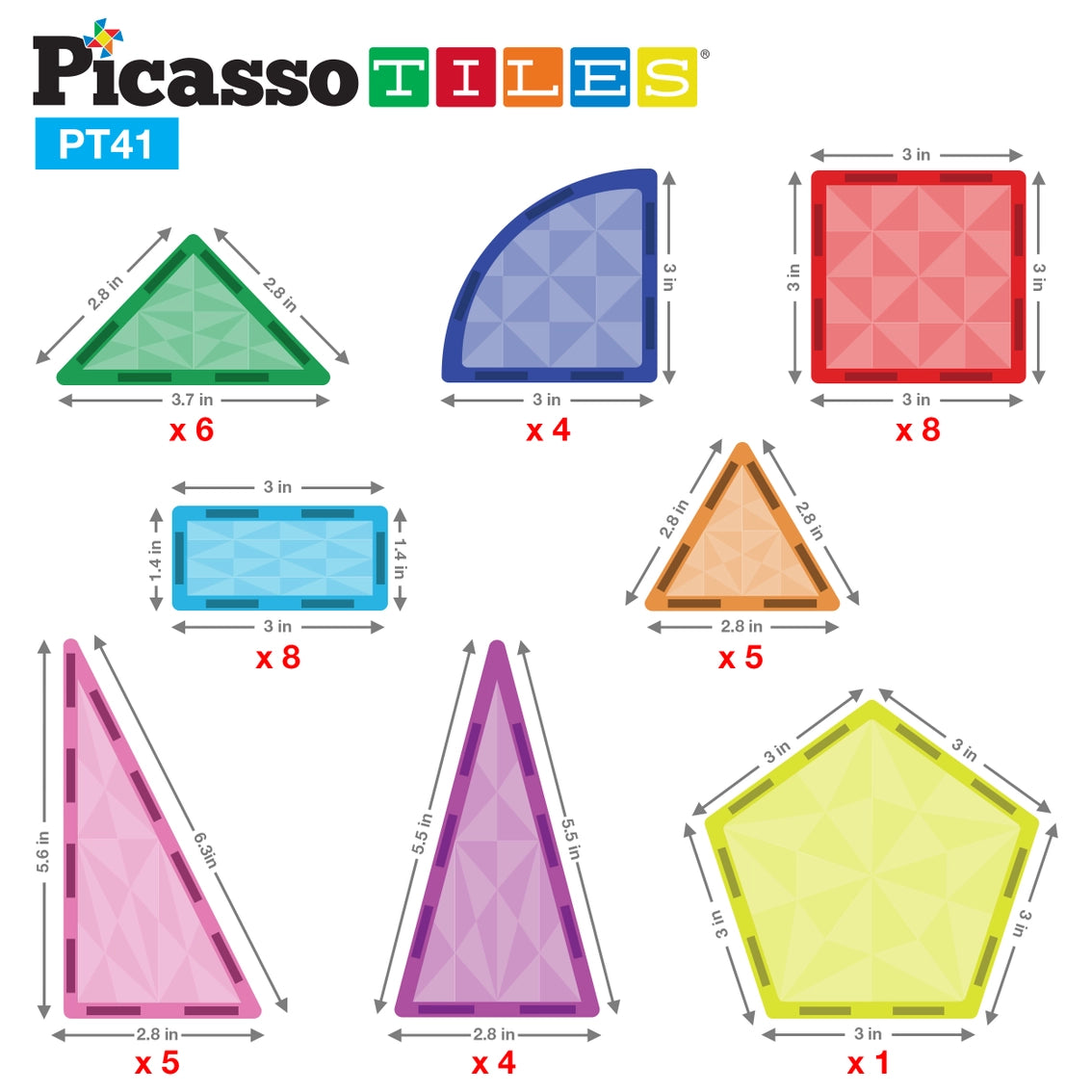 PicassoTiles 41 Piece Prism Magnetic Building Block Set
