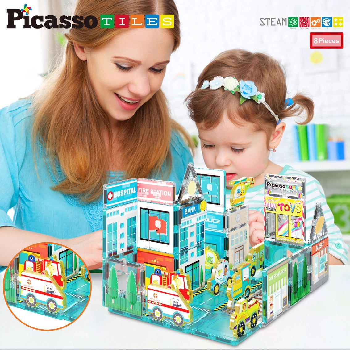 Picasso 8pc Magnet Building Blocks Metro City Vehicle Action Figures