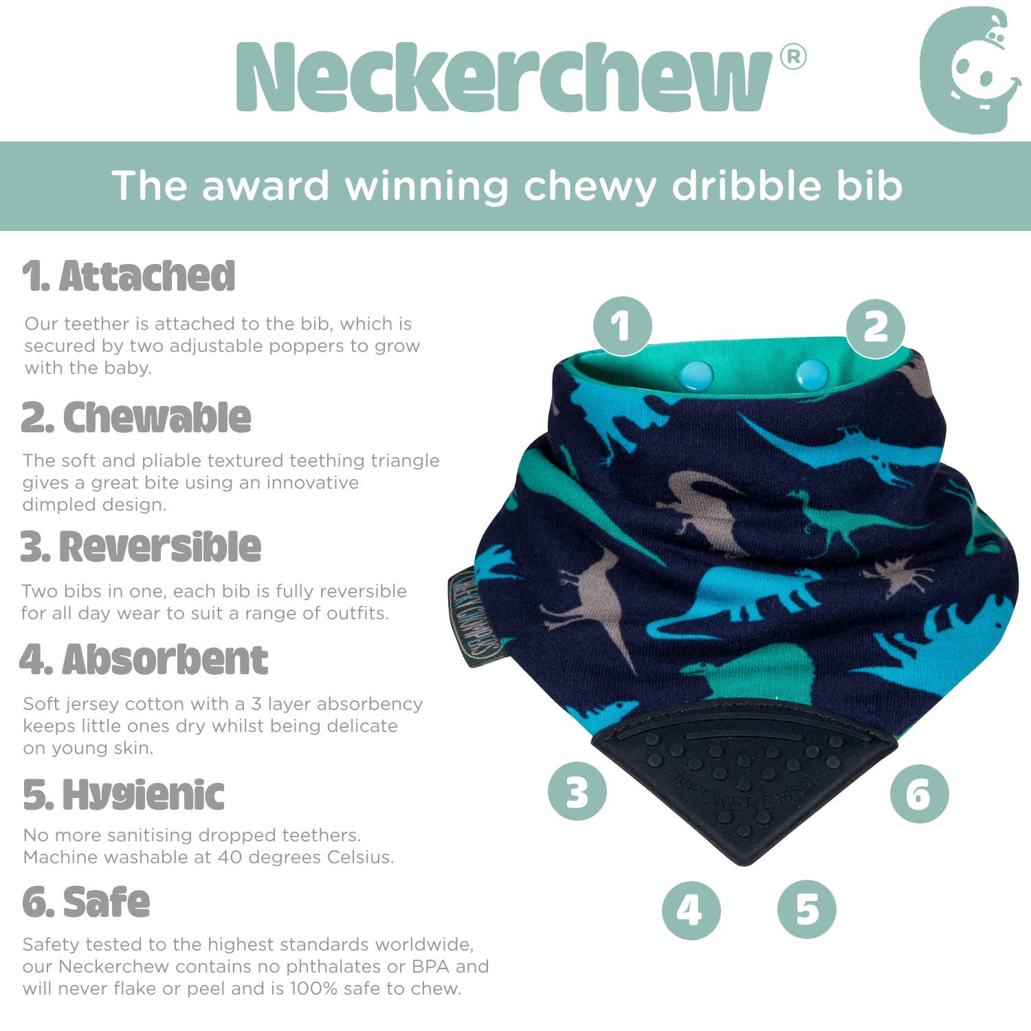 Neckerchew Teething Dribble Bib - Baby Dino