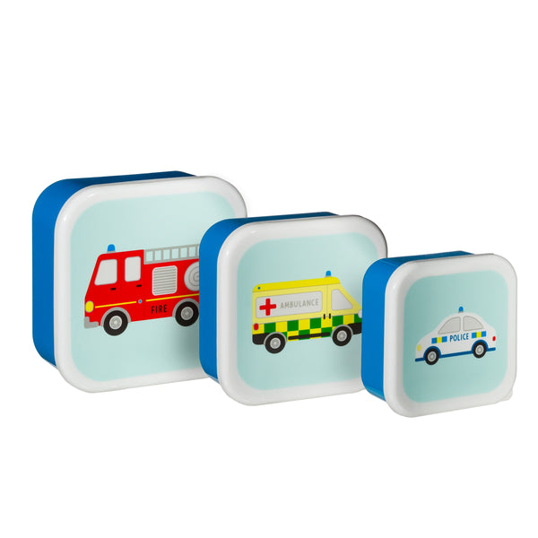 Set of 3 Transport Lunch & Snack Pots children kids fire engine police ambulance