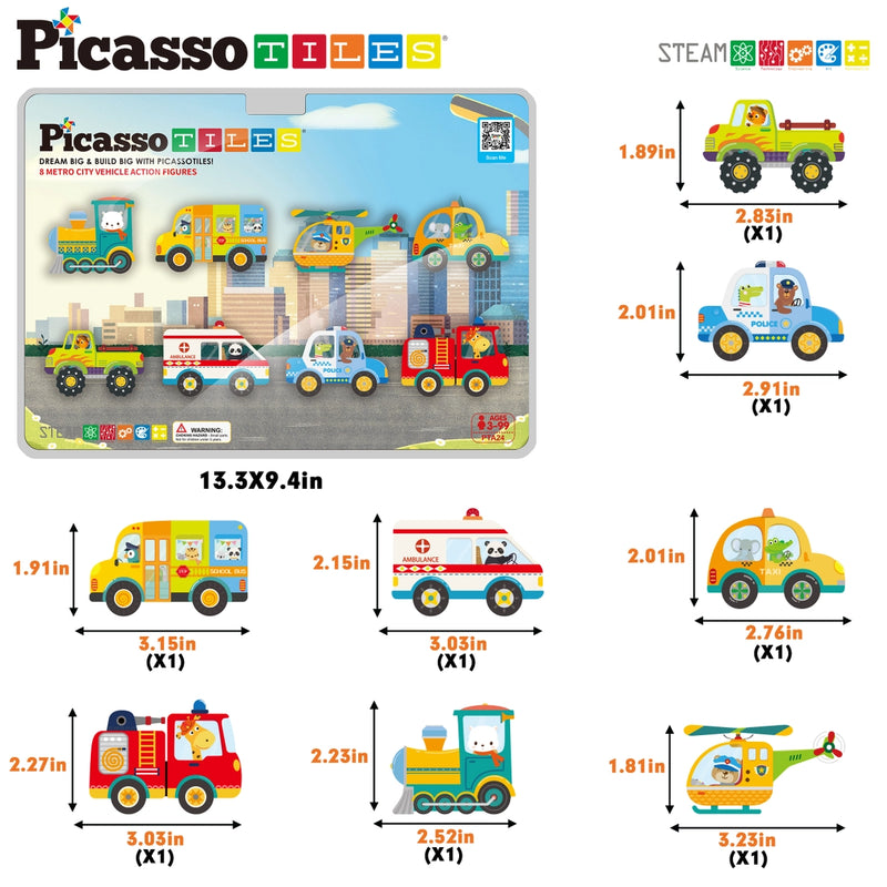 Picasso 8pc Magnet Building Blocks Metro City Vehicle Action Figures
