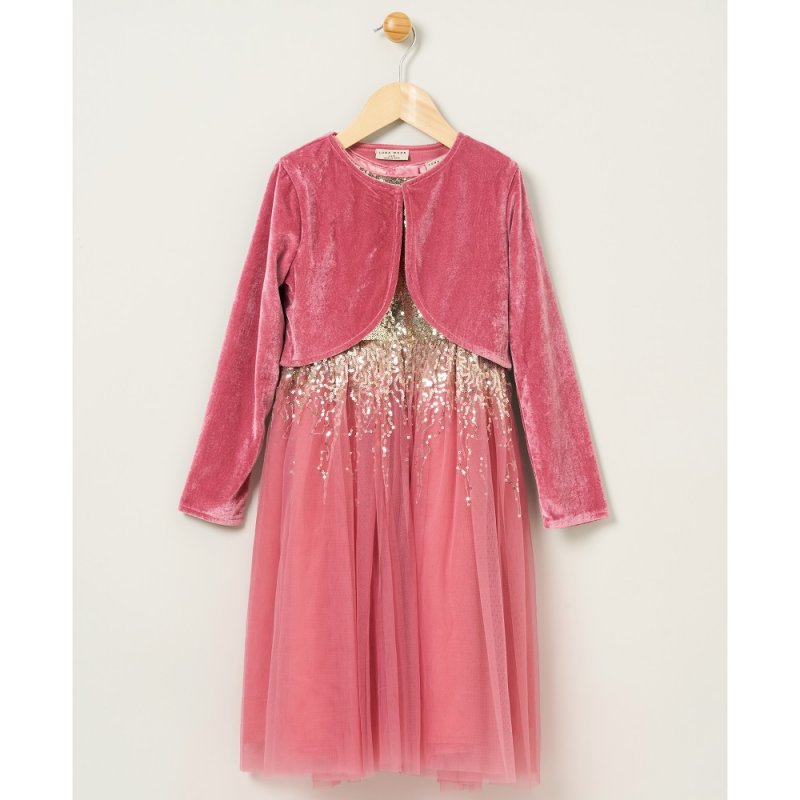 Cerise Pink Sequinned Party Dress with Velvet Bolero