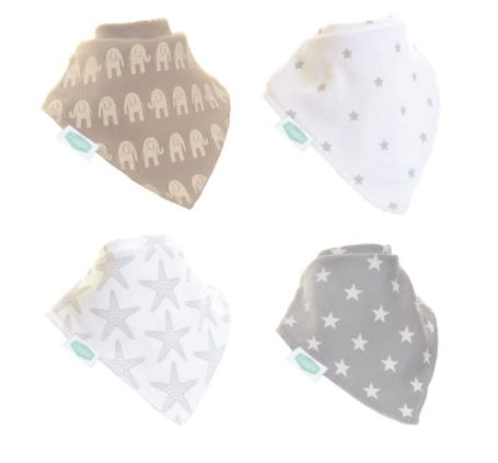 Ziggle Luxurious set of 4 grey bibs. Fun bandanna dribble bibs to fashionably accessorize any outfit. Suitable for newborn to age 3. 100% pure cotton