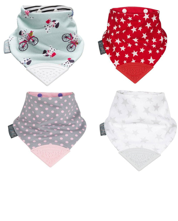 Cheeky Chompers Dribble Bandana Bibs with Teether Attached with teether Super absorbent - 3 layers Hygienic  2 bibs in one Plain layers: 100% cotton Suitable for 2 months - 2 years 