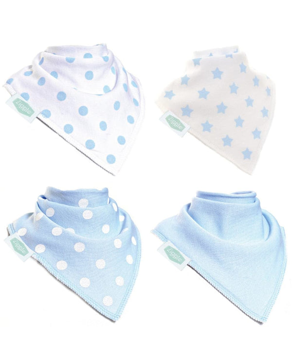 Ziggle Luxurious set of 4 baby blue bibs.Fun bandana dribble bibs to fashionably accessorize any outfit. Suitable for newborn to age 3. 100% pure cotton