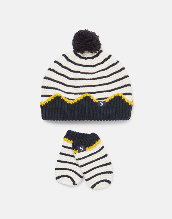 Joules Crown Hat & Mittens Set - Navy This hat and mitten set is fit for a king - or your little prince! Soft jersey lining. Available in ages 0 - 2 years