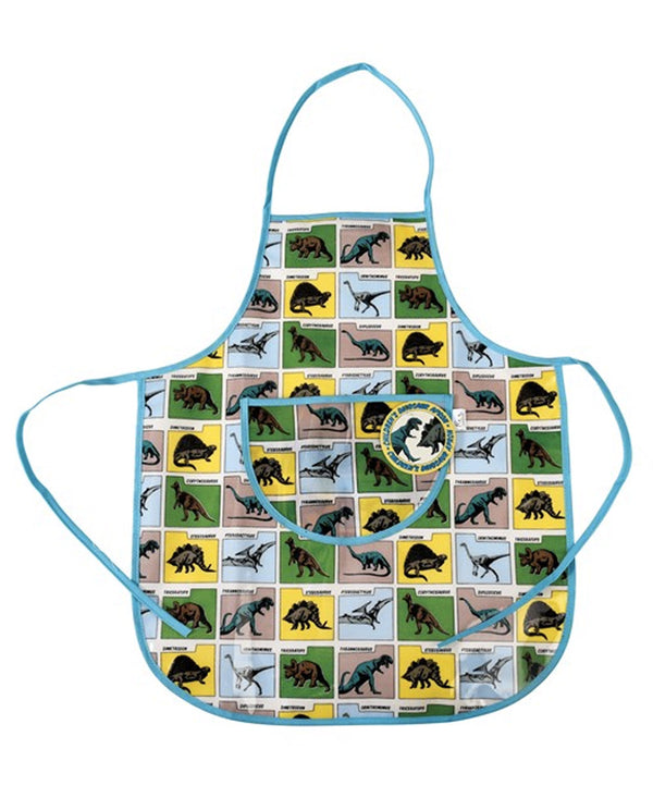  Rex - Dinosaur Design Wipe Clean Kids Apron Dinosaur design apron with cotton ties and front pocket.  Width including string: 117cm Length including neck: approx. 68cm.  Wipe clean with a damp cloth.
