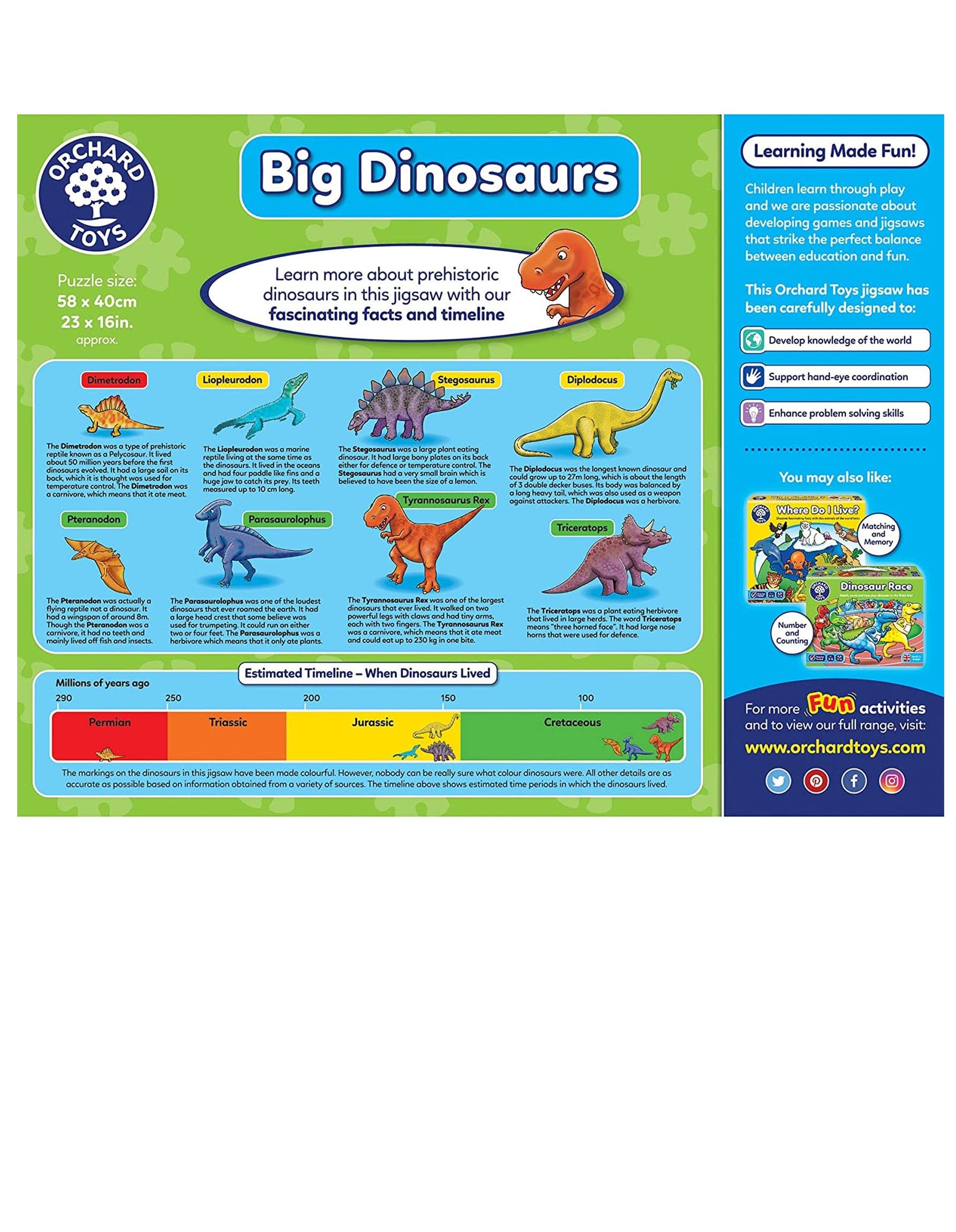Orchard Toys Big Dinosaurs Jigsaw Puzzle 50 piece shaped puzzle Includes talk-about guide on the back of the box Suitable for ages 4+ 