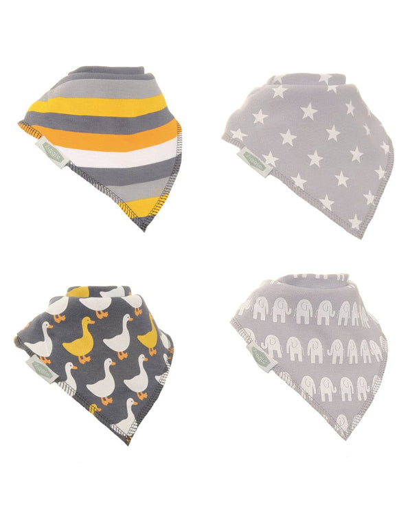Ziggle Luxurious set of 4 pack of stylish grey bibs. Fun bandanna dribble bibs to fashionably accessorize any outfit. Suitable for newborn to age 3. 100% pure cotton