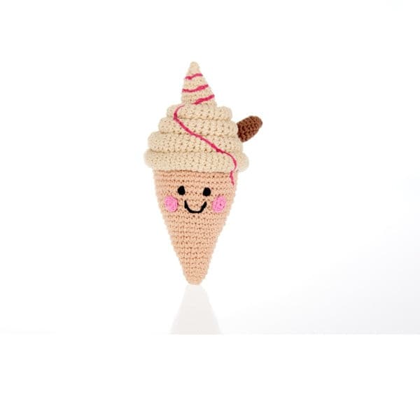 Pebble Toys - Fair Trade Hand Knitted Ice Cream Rattle handmade and suitable from birth.