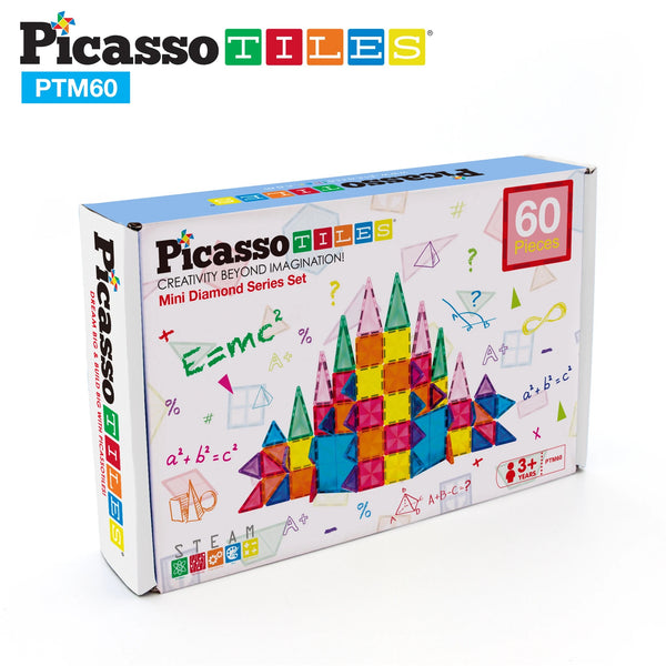 Picasso Tiles 60 Piece Mini Diamond Series Set Creative Building STEM toy kit playset is entertaining for toddler pretend play, preschool age child, boy and girl ages 3+
