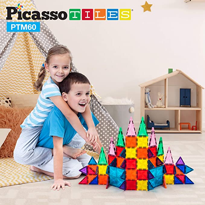 Picasso Tiles 60 Piece Mini Diamond Series Set Creative Building STEM toy kit playset is entertaining for toddler pretend play, preschool age child, boy and girl ages 3+