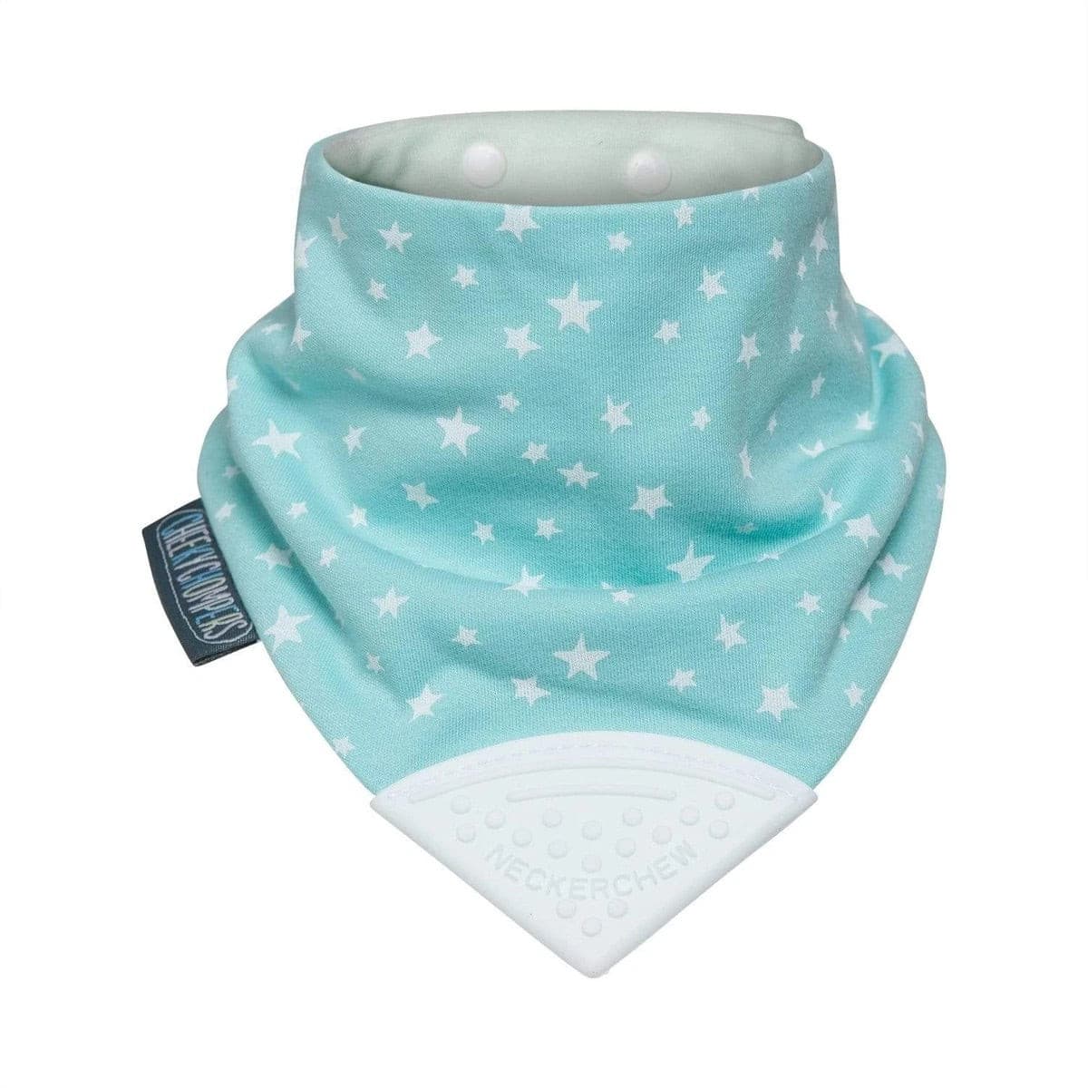 Cheeky Chompers Dribble Bandana Bibs with Teether Attached with teether Super absorbent - 3 layers Hygienic  2 bibs in one Plain layers: 100% cotton Suitable for 2 months - 2 years White stars