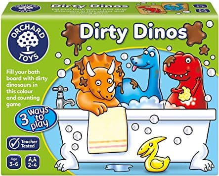Orchard Toys Dirty Dinos Game  Fill your tub with squeaky clean dinosaurs in this fun colour, counting and observation game with three ways to play! Suitable for ages 3 years +