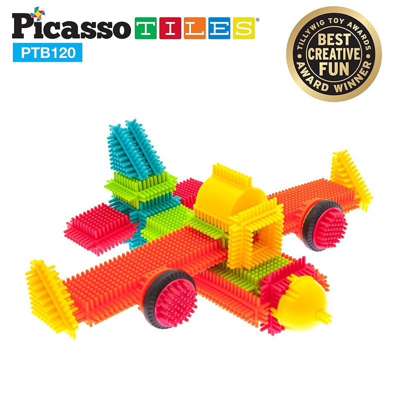 Picasso Tiles Bristle Shape Blocks 120-Piece Basic Building Set Creative Building STEM toy kit playset is entertaining for toddler pretend play, preschool age child, boy and girl ages 3+