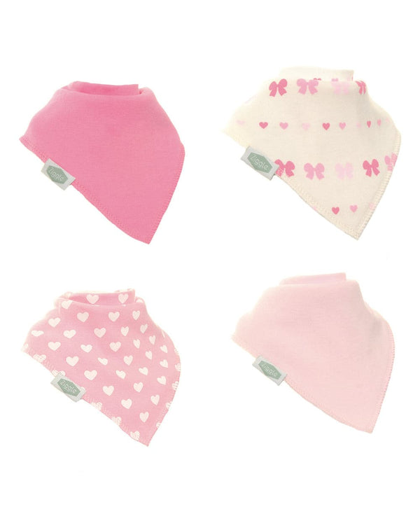 Ziggle Luxurious set of 4 pack of hearts and bows bibs. Fun bandanna dribble bibs to fashionably accessorize any outfit. Suitable for newborn to age 3. 100% pure cotton