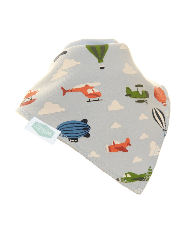 Ziggle Aeroplane design bib. Fun bandanna dribble bibs to fashionably accessorize any outfit. Suitable for newborn to age 3. 100% pure cotton