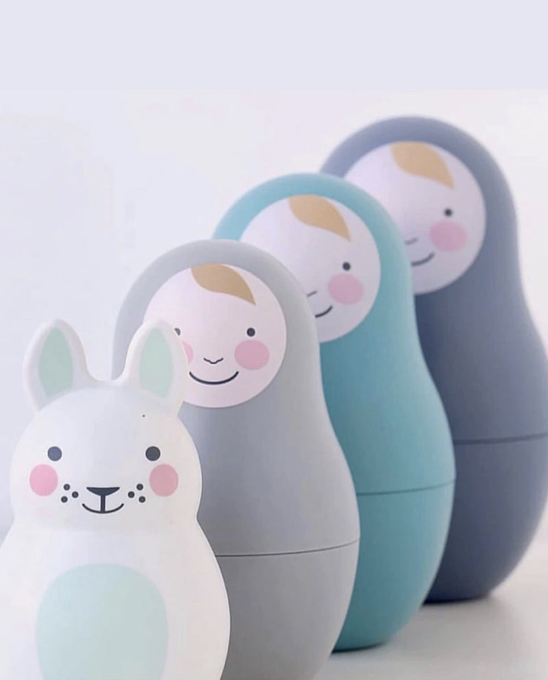  Rosa and Bo Blue Pastel Nesting Babies with Chiming Bo Bunny. The first Russian Doll inspired toy that is safe for little hands Encourages hand-to-eye coordination. Safety tested from birth but best suited for 12 months and over