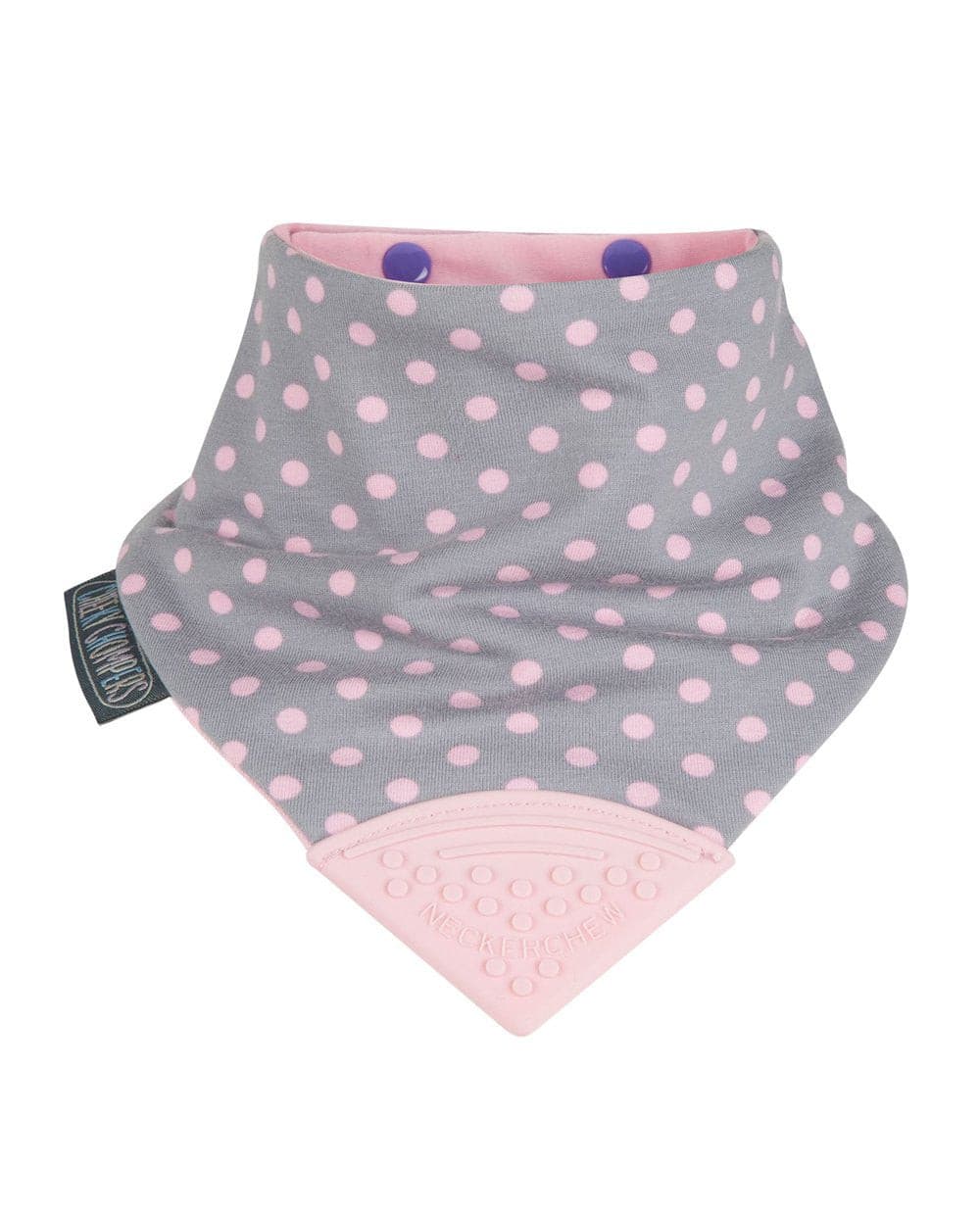 Cheeky Chompers Dribble Bandana Bibs with Teether Attached with teether Super absorbent - 3 layers Hygienic  2 bibs in one Plain layers: 100% cotton Suitable for 2 months - 2 years pink dots