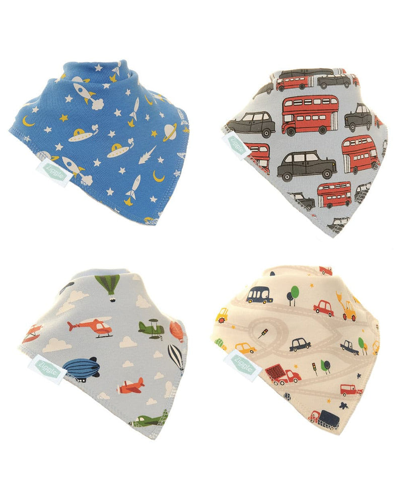 Ziggle Luxurious set of 4 pack of transport theme bibs. Fun bandanna dribble bibs to fashionably accessorize any outfit. Suitable for newborn to age 3. 100% pure cotton